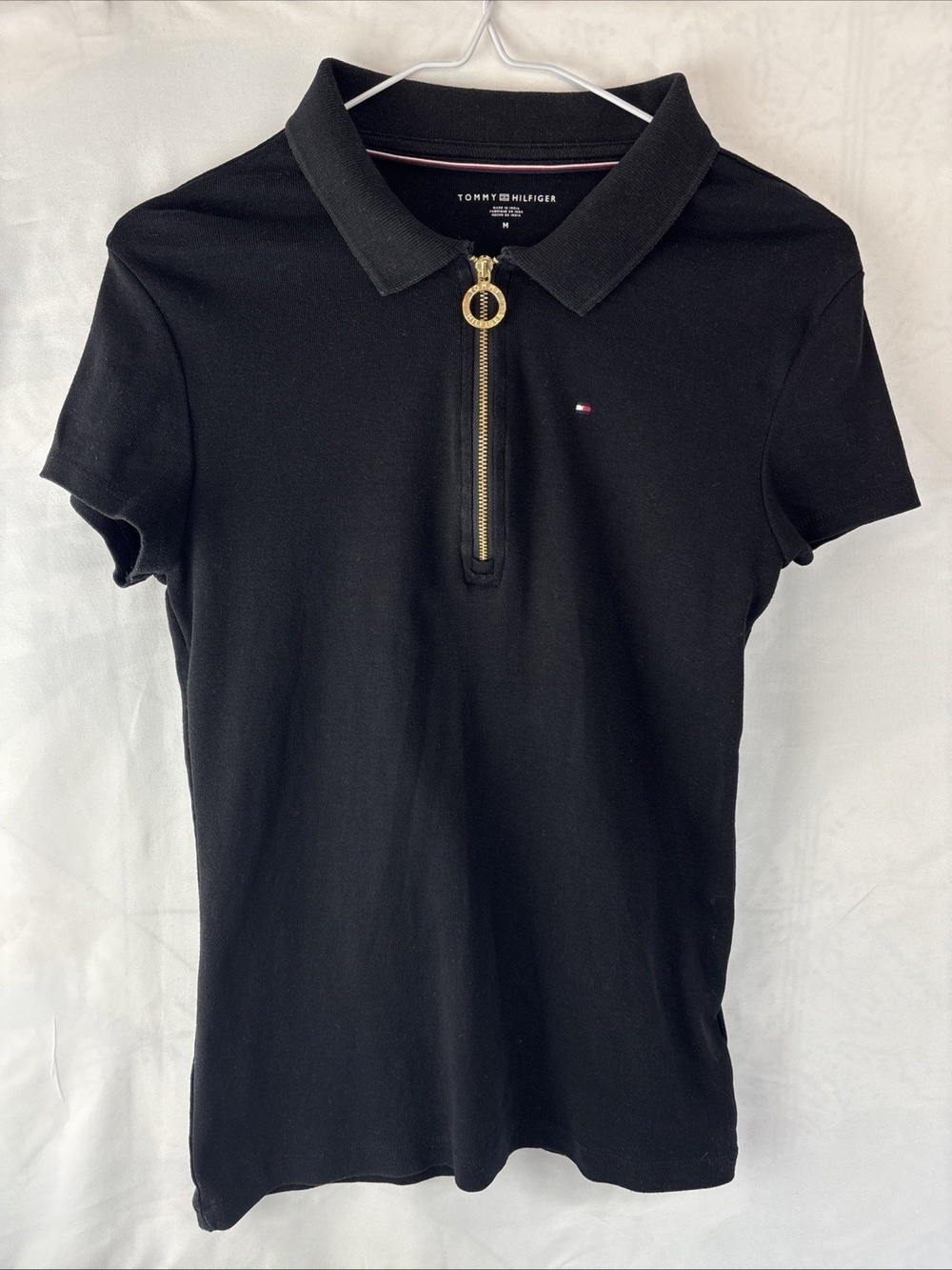 Tommy Hilfiger Women's Polo Shirt Medium Black 100% Cotton Metal Zipper Pull
